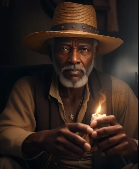 Crie a imagem um homem velho  afrodescendente, 80 anos, olhos brilhantes, cansados e triste, pele negra, cabelos curto, crespo e grisalho, wearing an old, simple, torn white cotton outfit, with crucifix necklaces with seeds and medal around their necks, ro...