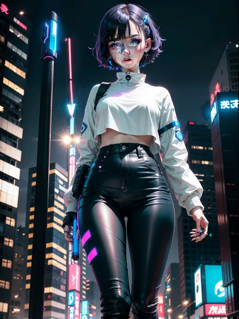 young girl. pale skin.  short dark blue hair. anime.        robot arm. metal black palates on body. skiny body.  glowing red robotic right eye. blue natural left eye.  standing in the midle of futuristick tokyo city at night . pink and blu leds on building...