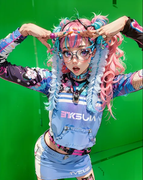 Arafe woman with pink hair and blue shirt poses for photo, Belle Delphine, e - girl, e-Girl, rena nounen style 3/4, It looks like grimaces are mixed, decora inspired, she looks like a mix of grimes, fashwave, 8 0 s anime vibe, kawaii decora rainbowcore, An...