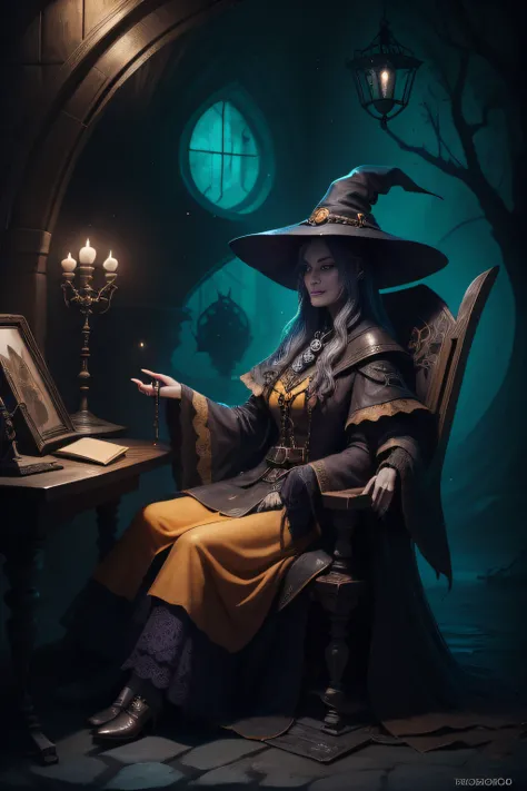 An old witch sitting in a calddirao chair in the background and shes holding a sonyster crow