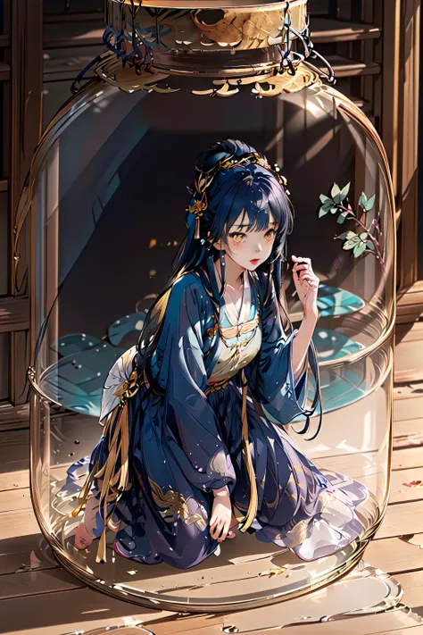 best quality, intricate details, highres,(beautiful detailed water:1.4),(hanfu, tang style),yellow eyes,(1girl in glass jar:1.1),