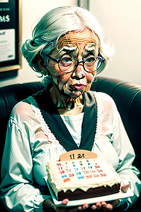 Foco suave, the faded outline of an elderly black female with a hint of bewilderment, holding a cake showing signs of age in one hand and a calendar with faded dates in the other, pano de fundo reflexivo, 12k, paleta pastel --ar 3:2