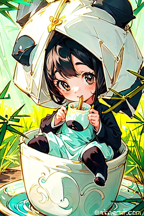 (cute baby panda:1.5),drinking a cup of milk tea,