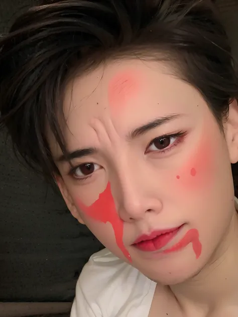 arafed man with a white shirt and red face paint, red cheeks, red - cheeks!!, yanjun chengt, red faced, face and skin is dark red, red birthmark, warrior face painting red, inspired by Yanjun Cheng, red face, red lighting on their faces, clean brutal blood...