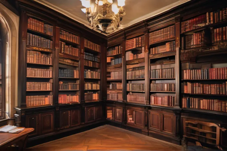 RAW photo, best, masterpiece, best quality, high quality, extremely detailed, a dimly lit room with a bookshelf full of books, library background, library interior background, elegant library, magical library, gothic epic library, great library , old libra...