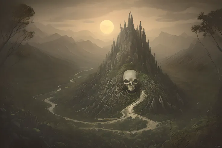 A skull shaped mountain towers over a vast jungle landscape of forests and meandering rivers, nighttime, high res, high detail,, the skull appears menacing, the skull is aztec and alien mixed style, dark, lots of vegetation, fantasy, horror, 8k, masterpiec...