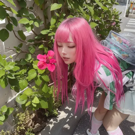 There is a girl with pink hair and looking at flowers in a backpack, With pink hair, Flowing pink hair, Long flowing pink hair, Belle Delphine, Pink hair, Long pink hair, long bubblegum hair, fairycore, pink twintail hair and cyan eyes, e-Girl, e - girl, h...