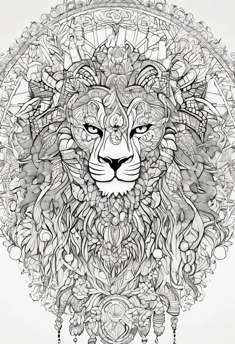 gato com linhas fortes e arrojadas, fundo branco, coloring page, estilo de desenho a ser colorido, fundo branco com fundo mandalas para ser colorido, super detailed and crisp lines and drawings. tudo preto e branco.