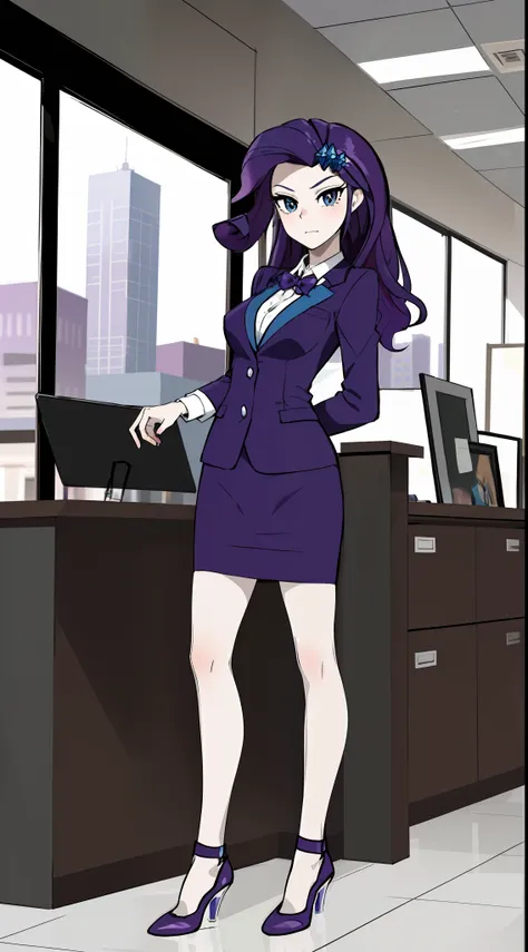 masterpiece,best quality,1girl,mlprarity,colored skin,hair ornament,purple hair,blue eyes,business suit,blazer, pencil skirt, hi...