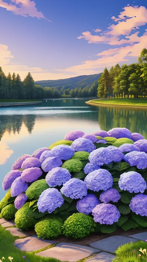 Hydrangeas, park, lake, small hill, pebble path, masterpiece, best quality, anatomically correct, high details, 8K, wallpaper