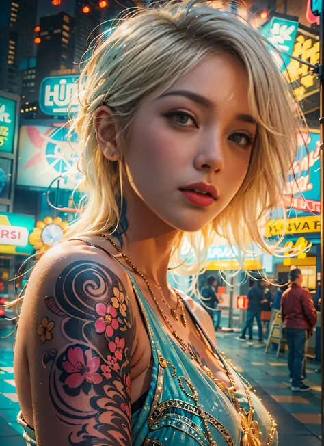 portrait photo ,photorealistic, high resolution, soft light,1women, solo, hips up, (detailed face),a woman with various tattoos and hair standing in neon city, colorful glowing lights around the background, blonde hair