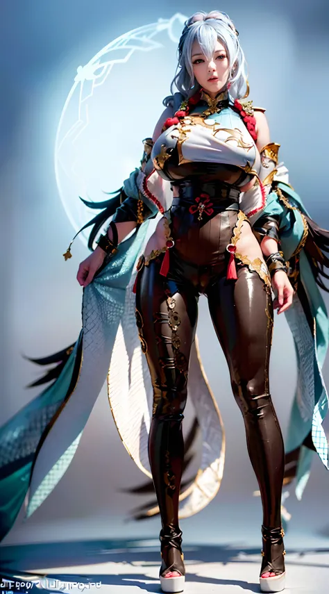 Unreal Engine 5 Realistic Rendering, highres, wearing cosplay Shenhe from genshin impact, Genshin Impact, game character, (cosplayer;1.5), Standing on kyoto castle, (beautiful face:1.5), top body is hyper realistic thicc muscle and (huge fake breasts, roun...