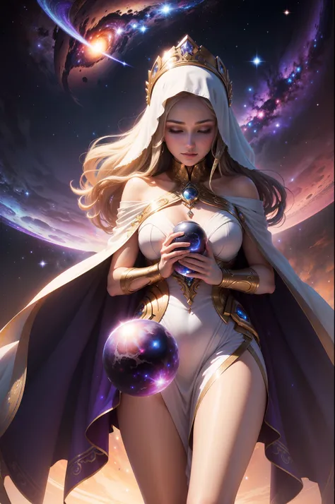 ((Ultra detailed, hyper realistic, high quality)), a beautiful galactic woman, shrouded in serenity, holding a galaxy in her arms and looking down on it gracefully.