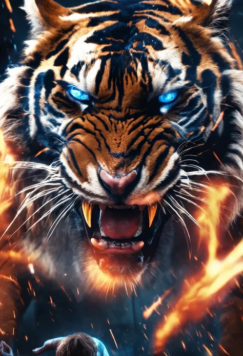 humanoid monster, tiger similar,  reflection on the mirror, rage, power, strong, chaos, sparkly, blue tiger, aura, giant fangs, fire eyes,