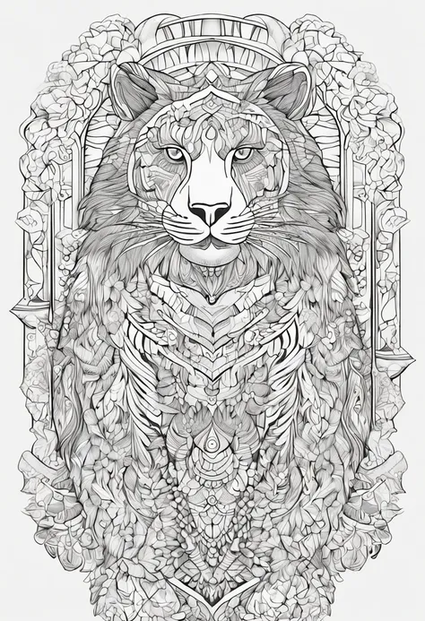 gato com linhas fortes e arrojadas, fundo branco, coloring page, estilo de desenho a ser colorido, fundo branco com fundo mandalas para ser colorido, super detailed and crisp lines and drawings. tudo preto e branco.