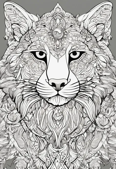 gato com linhas fortes e arrojadas, fundo branco, coloring page, estilo de desenho a ser colorido, fundo branco com fundo mandalas para ser colorido, super detailed and crisp lines and drawings. tudo preto e branco.