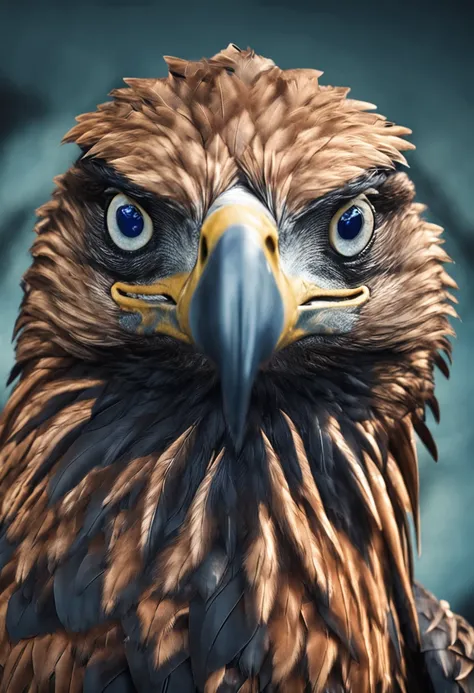 eagle head with blue eyes, penas como se fssem uma armadura, de frente, agressiva