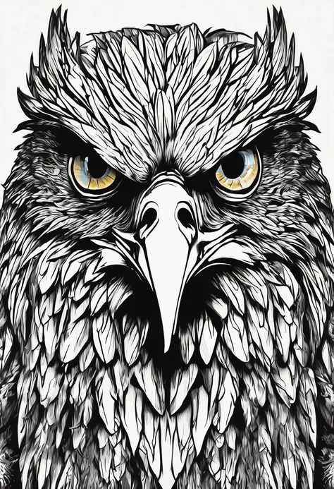 eagle head with blue eyes, penas como se fssem uma armadura, de frente, agressiva, 3d, fundo desfocado