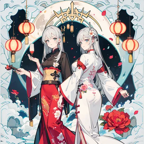 Masterpiece, Best quality, Night, full moon, 1 girl, Mature woman, Chinese style, Ancient China, The womans grim expression, silver-white long hair, Light pink lips, calm, Intellectual, tribelt, Gray pupils,  Flower lanterns, holding lantern, flower ball b...