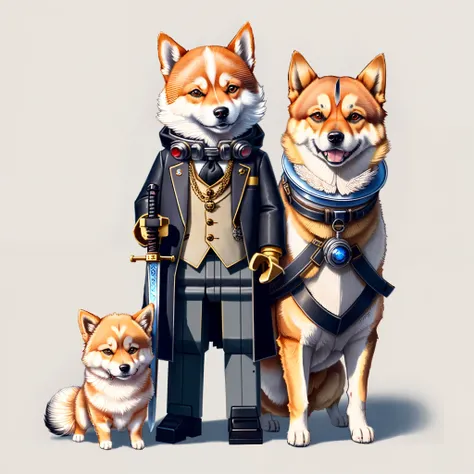 a close up of a dog wearing a suit and holding a sword, steampunk dog, anthropomorphic shiba inu, shiba inu cosmonaut, shiba inu cosmonaut portrait, corgi cosmonaut, cyborg dog, doge, husky in shiny armor, an anthropomorphic cyberpunk fox, doge meme, golde...