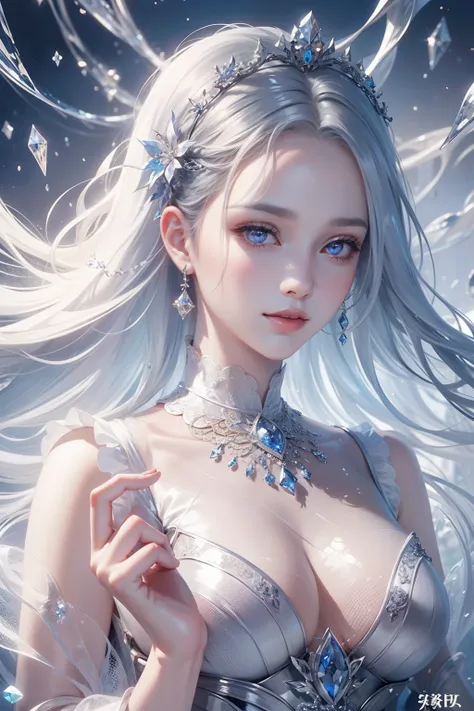 Cover your mouth and laugh，The hair is covered with beautiful and delicate floral craftsmanship, Crystal jewelry filigree，jewelry，Ultra-detailed details，Beautiful aristocratic girl，Gray hair is elegantly coiled，(((Silvertone)))，(golden colored)。Blue and pu...