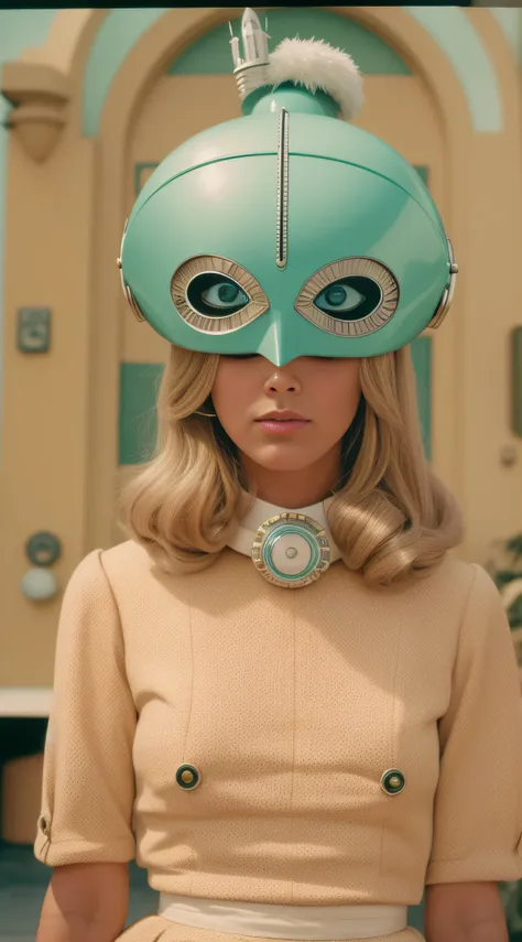 8k portrait of a 1960s science fiction film by Wes Anderson, em 1960, pastels colors, There are people wearing weird futuristic masks and wearing extravagant retro fashion outfits and men and women wearing alien makeup and old ornaments with mechanical pet...