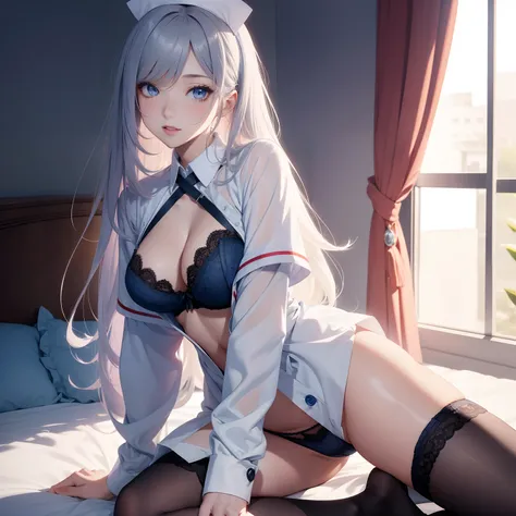 nurse clothes of the miniskirt length, dark blue lace bra and thong panty, black knee high socks, thighs, lingerie, transparent, super high image, super detail, super high resolution, anime, manga, illustration, intelligent beauty, white glossy short wavy ...