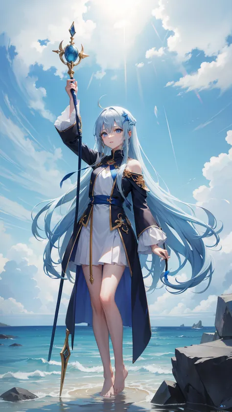 Holding a 150cm wand with a sky-blue stone on it, and wearing a thin sky-blue clothes，barefoot，get wet,Sky-blue super long hair