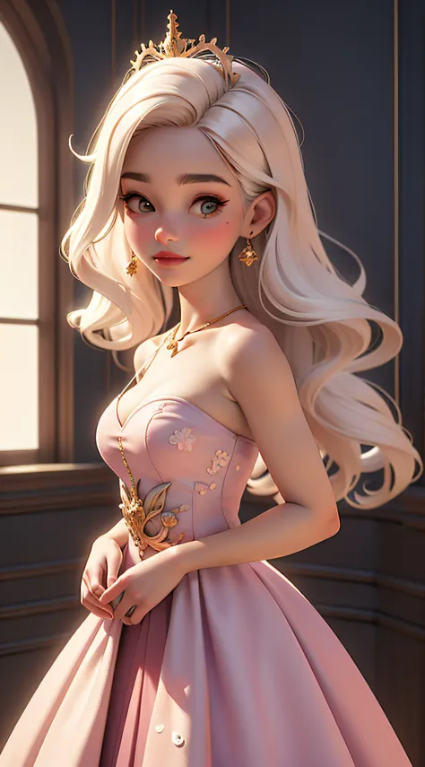 dynamic lighting, 3D model art, A Barbie princess wearing a lovely pink dress, bright,Natural Lighting,morning light，The background is a grand castle amidst a magical sunrise, borrowing elements from the scenic grandeur of National Geographic landscapes, b...