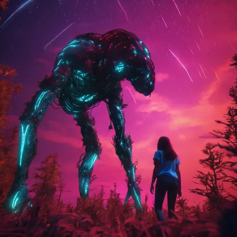 in the nighttime, A girl stands in the middle of the forest and is kidnapped by a gigantic alien in the sky, Neonlichter, Queimadura de lente (Queimadura de lente), Chromatic freak, 8K resolution, Ultra realista, Sombreamento perfeito