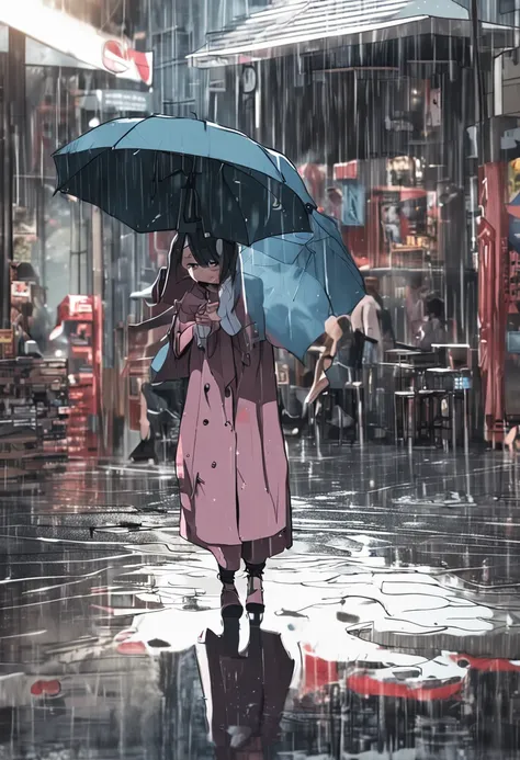 "chef-doeuvre, beste-Qualit, image manga, 1 fille, fille sous la pluie, soaked suit, cheveux bleus, ciel orageux, Sparkling rain, Reflection on the pavement"