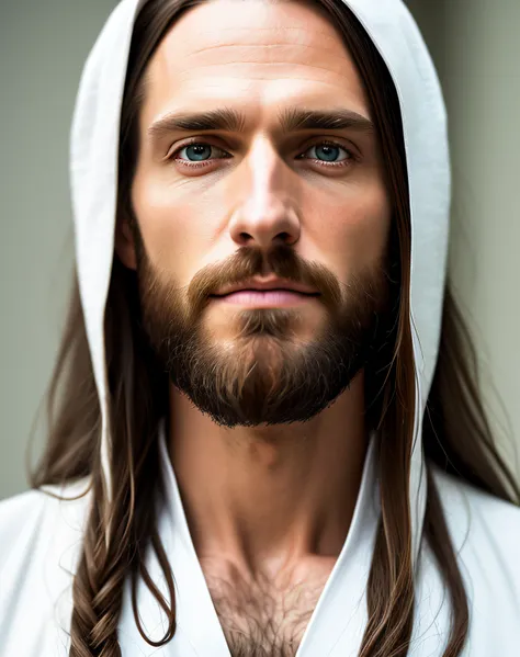 (symmetry),centered,a ((close)) up portrait,(jesus),a very thin white man with long hair and a beard,wearing a long white robe,3...