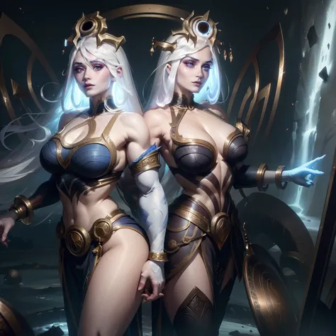 Couple, gods, Hera woman, full and curvy body, white hair and brown eyes and strong and muscular man with white hair