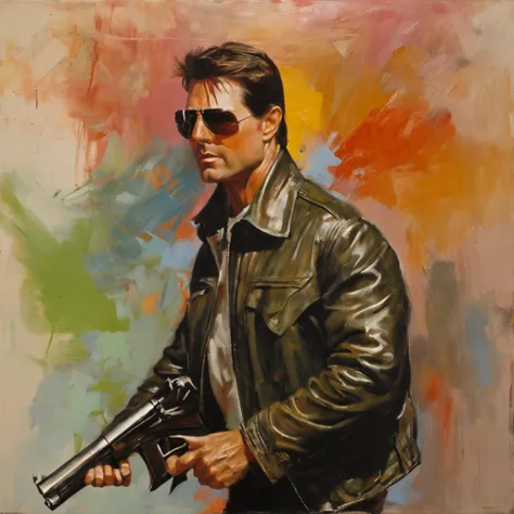 Tom Cruise in a leather jacket and sunglasses holding a pistol, with a plane in the background in an action setting