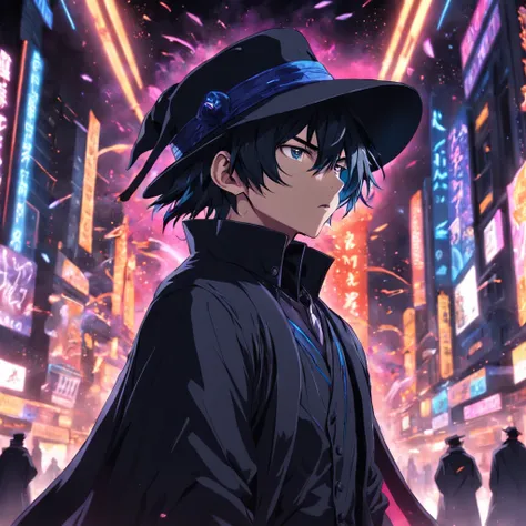 magician, 1man, solo, super detailed, wearing overcoat, (black clothes), (black hat), dark background, neon lighting, ultra hd, extremely detailed, hd