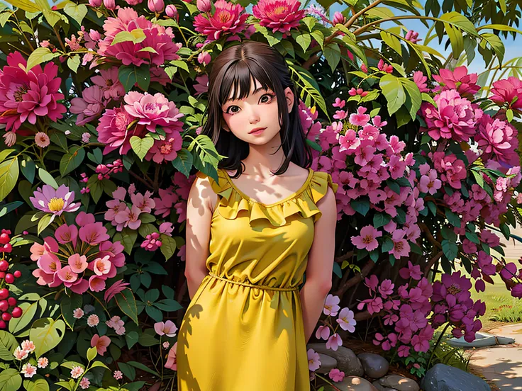 araffe girl in a yellow dress standing in front of a bush of flowers, high quality, high resolution,