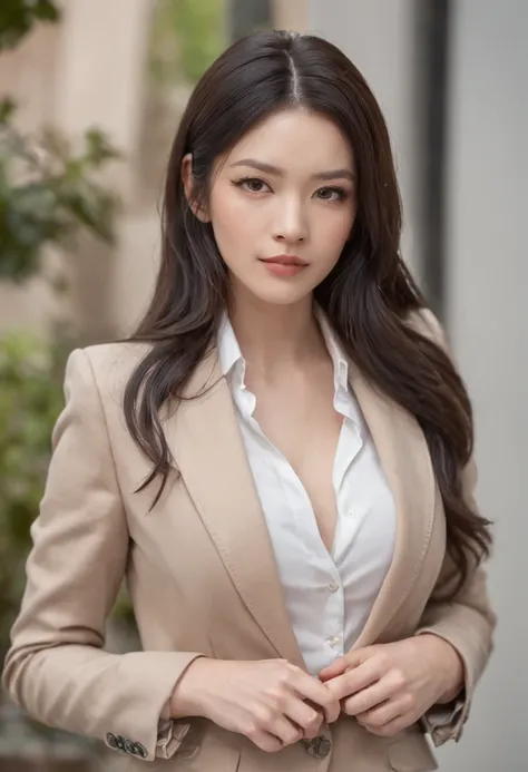 a beautiful woman with beautiful appearance and well dressed in a beautiful suit like a big businesswoman, long black hair, 30 years old, teasing the other American womans waist, 26 years old, light brown choppy and long hair, dressed in a casual outfit wi...