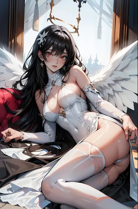 ((sfw)),(masterpiece, best quality),((high resolution 4k)), 1lady, solo, (white Scales, body cover with  scales), halo, wings,fallen angel, black hair, loose waves, red eyes,white sheer lingerie,white stockings,white thigh highs,lying on the bed view from ...