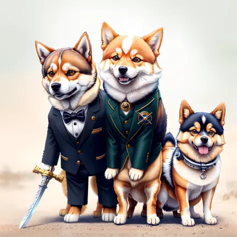 a close up of a dog wearing a suit and holding a sword, steampunk dog, anthropomorphic shiba inu, shiba inu cosmonaut, shiba inu cosmonaut portrait, corgi cosmonaut, cyborg dog, doge, husky in shiny armor, an anthropomorphic cyberpunk fox, doge meme, golde...