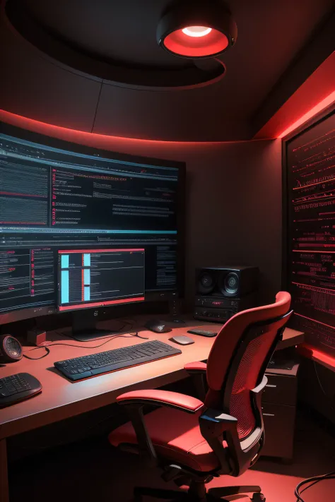 A red programmer setup with an innovative and futuristic computer, mesmerizing programming codes and an immersive atmosphere. Inclua elementos brancos, como teclado branco, cadeira branca, mouse branco, mesa branca