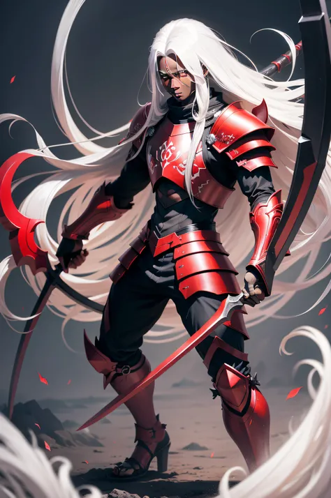 darkskin boy, white long hair, red demoniac eyes with a scythe, manga style, with an armour, hd, 4k