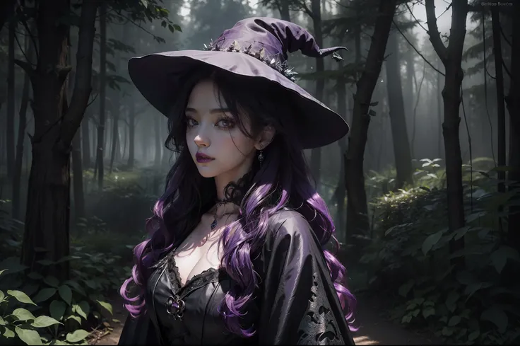 Close up of a witch in a clear in the woods. She cooks a magic potion on a big cauldron on a camp fire. She wears a ponty witch hat, a multilayered dress, black and dark purple fabric with silver embellishments. Long messy wavy hair in red colour, dark pur...