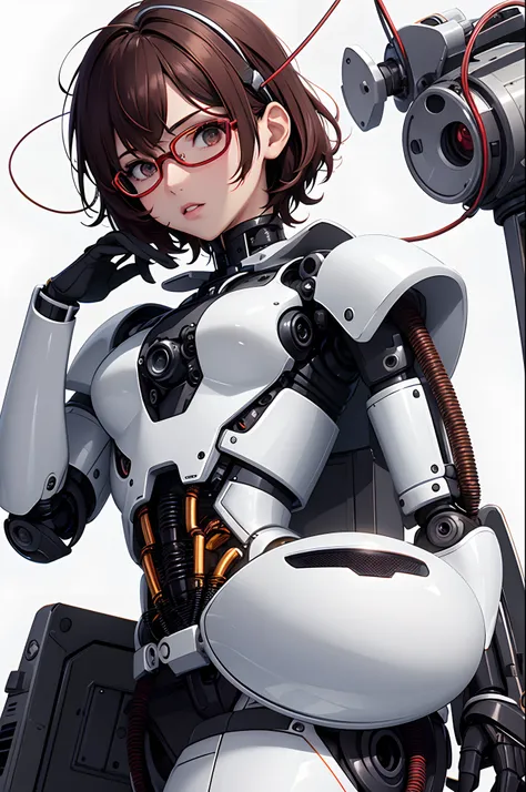 1girl, beautiful girl, brown skin, wearing eyeglasses, small mole on her left cheek, brown skin girl, small breasts, (short red hair) , (black eyes), realistic eyes, beautiful and big eyes) ((robot girl)), ((mechanical girl)), ((Mechanical body parts)), ((...