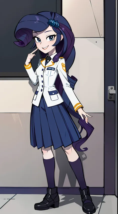 masterpiece,best quality,1girl,solo,mlprarity,colored skin,hair ornament,purple hair,blue eyes, uniform,posing, full body, smile