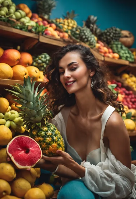 mulher segurando frutas e verduras