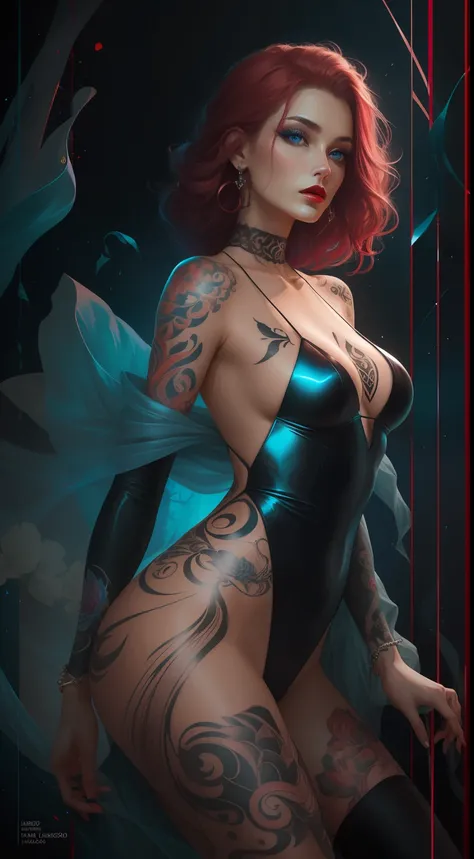 巨作, The best quality, Ultra-high resolution, Beautie, Elegance, Elegance, Award-winning art, a woman with many tattoos, portrait of a beautiful, Half naked, travis charest style, Red lips, Silence in chaos, model posture in fashion shows, Blue eyes, Red li...