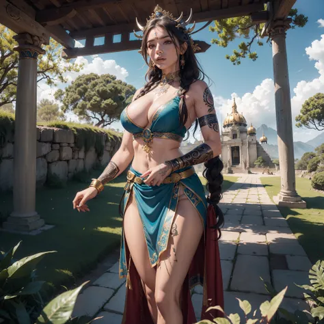 (obra maestra) (La mejor calidad) Un legendario y hermoso guerrero vikingo lleva un hacha impresionante y un gran escudo redondo. She is in an open-air temple in a clearing....., Windy day. Ella es muy hermosa, algo musculoso, wearing runic tattoos all ove...