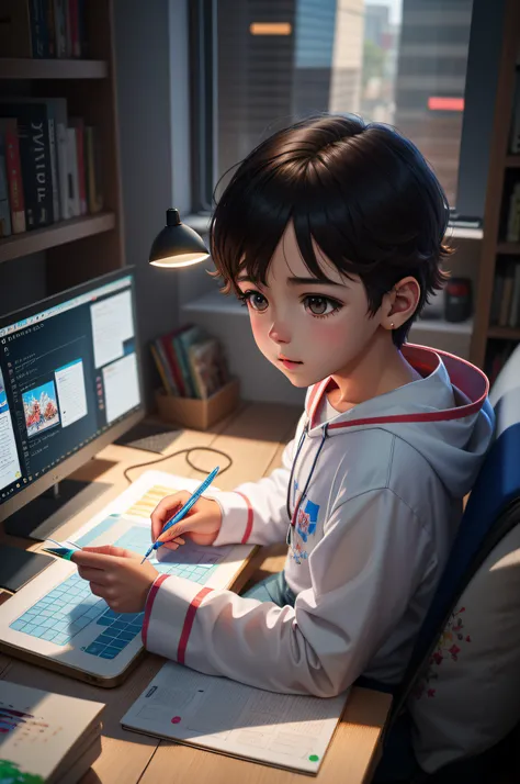 menino anime sentado em uma mesa com um laptop e uma caneta, painting digital adorable, Digital anime illustration, Estilo anime 3D realista, arte digital detalhada bonito, Beautiful digital illustration, arte digital bonito, arte de anime digital, arte de...