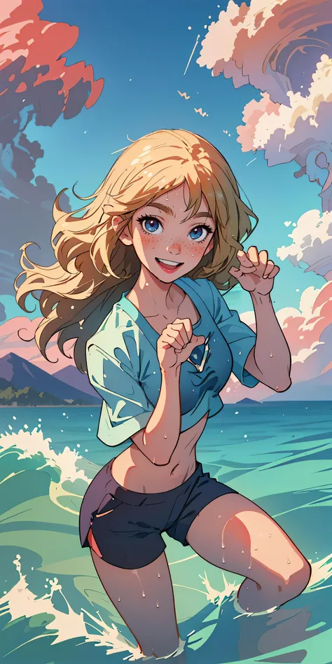 (best quality, masterpiece), 1girl, paw pose, smile, laughing, ocean, crop top, shorts, blonde, freckles, blush, looking at viewer, wavy hair, cloud, splashing, waves, sun, mountain, wet