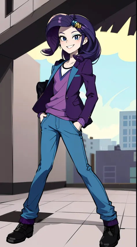 masterpiece,best quality,1girl,solo,mlprarity,colored skin,hair ornament,purple hair,blue eyes, tomboy, tomboy outfit, pants, jacket, posing, full body, smile